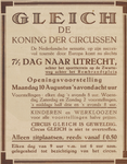 717378 Advertentie van het Circus Gleich dat voor 7½ dag in Utrecht staat op een raadselachtige locatie.N.B. Het Duitse ...
